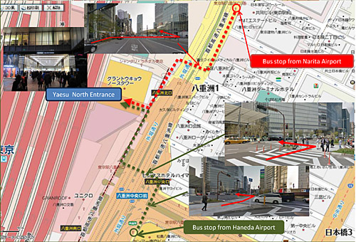 Map of Tokyo Station: Bus stops to Yaesu North Exit
