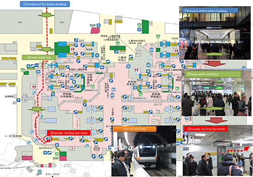 Map of Tokyo Station : from Yaesu North Exit to JR Chuo Line platform